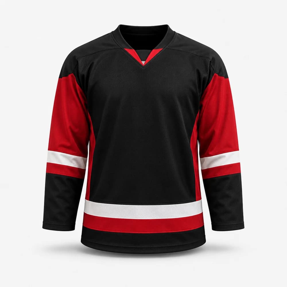 Svart og rød sublimert hockeydrakt med klubbuttrykk